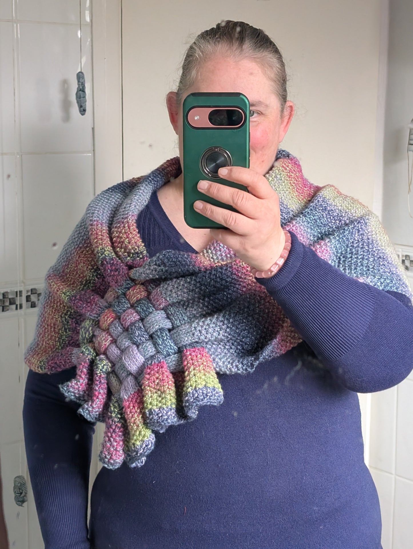 Hand Knitted Pastel Dreams Shawl, Unique Woven Center, Pastel Gradient Wrap - 57/43 Cotton Blend
