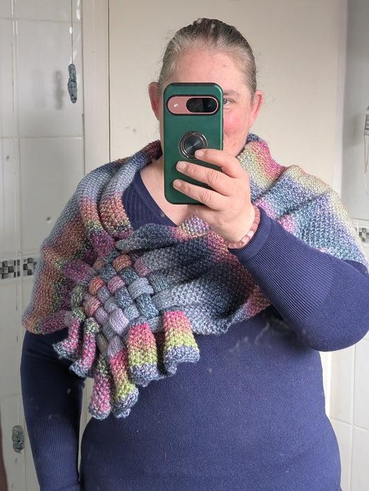 Hand Knitted Pastel Dreams Shawl, Unique Woven Center, Pastel Gradient Wrap - 57/43 Cotton Blend