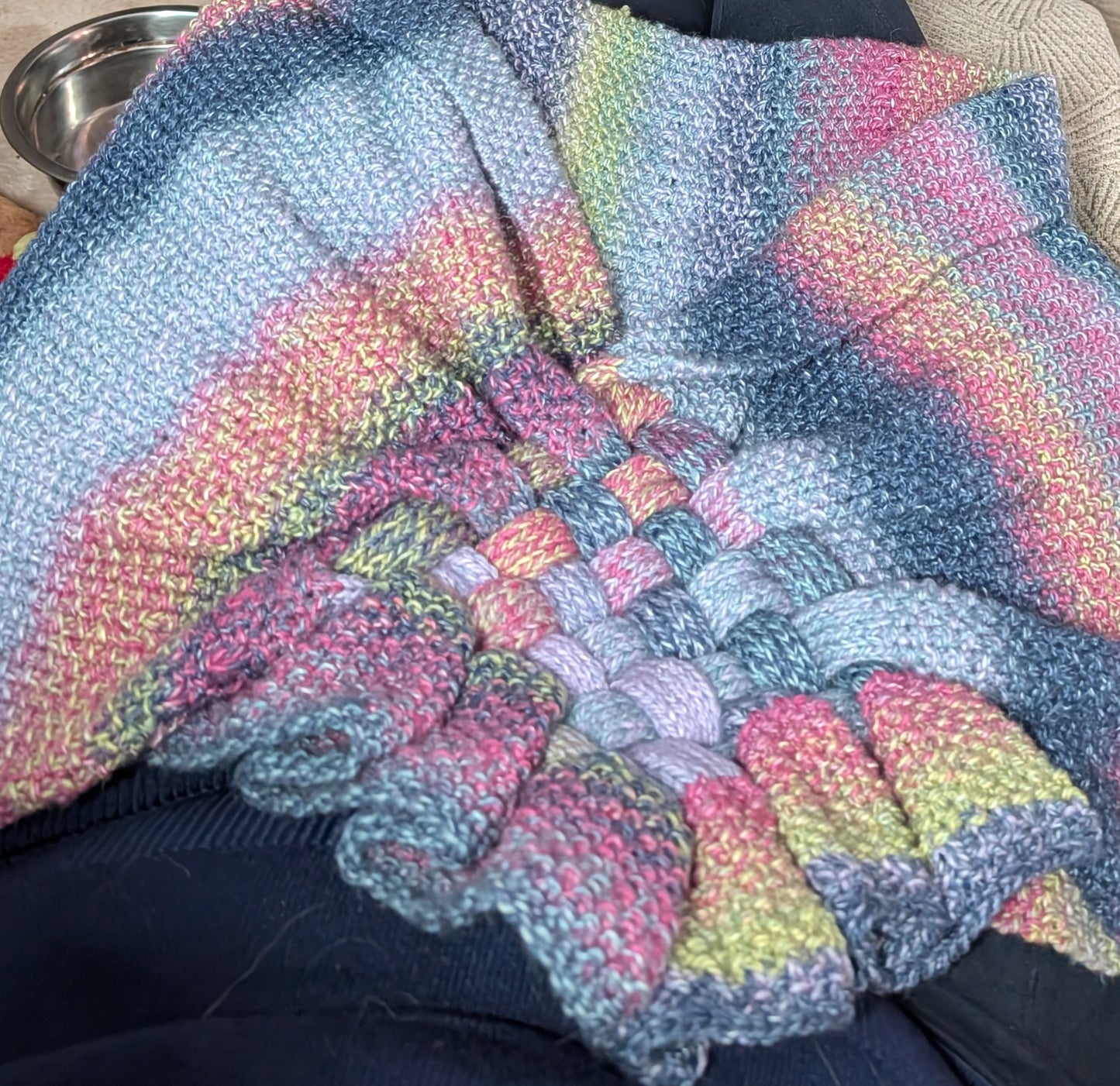 Hand Knitted Pastel Dreams Shawl, Unique Woven Center, Pastel Gradient Wrap - 57/43 Cotton Blend
